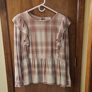LOFT Women's Plaid Ruffle Top - Cream and Brown
